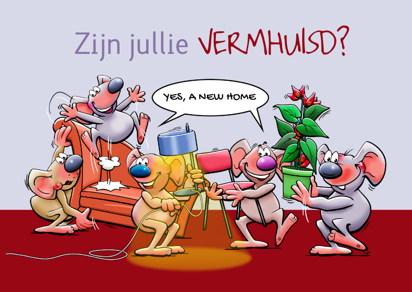 Felicitatiekaarten - Grappige felicitatiekaart met muizen die met meubels sjouwen