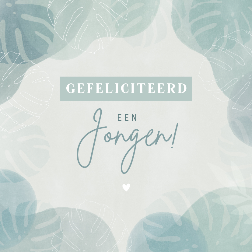 Felicitatiekaarten - Hippe felicitatiekaart geboorte jongen met jungle bladeren