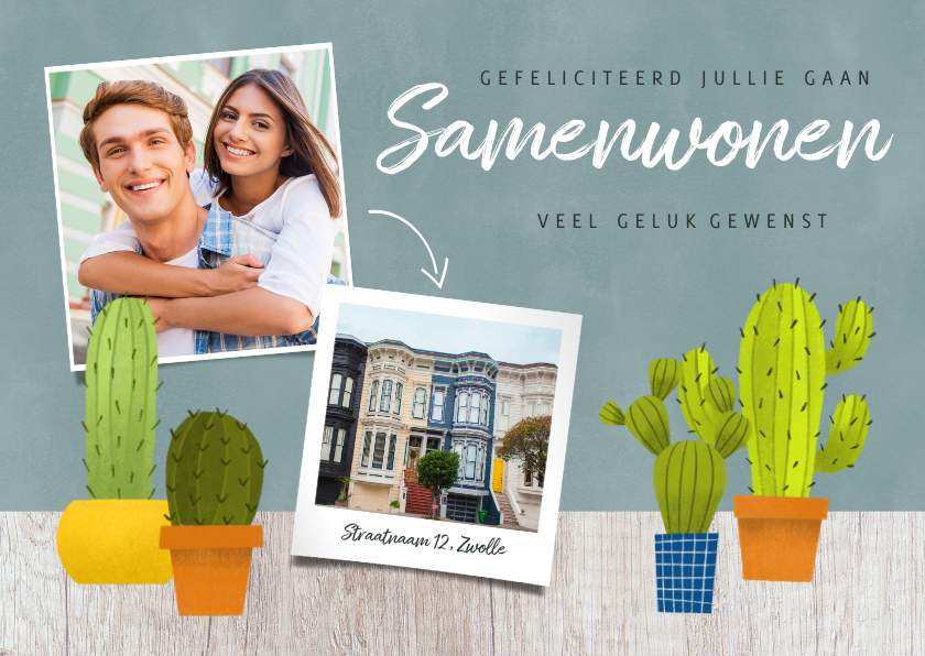 Felicitatiekaarten - Hippe felicitatiekaart met cactussen, hout en foto's