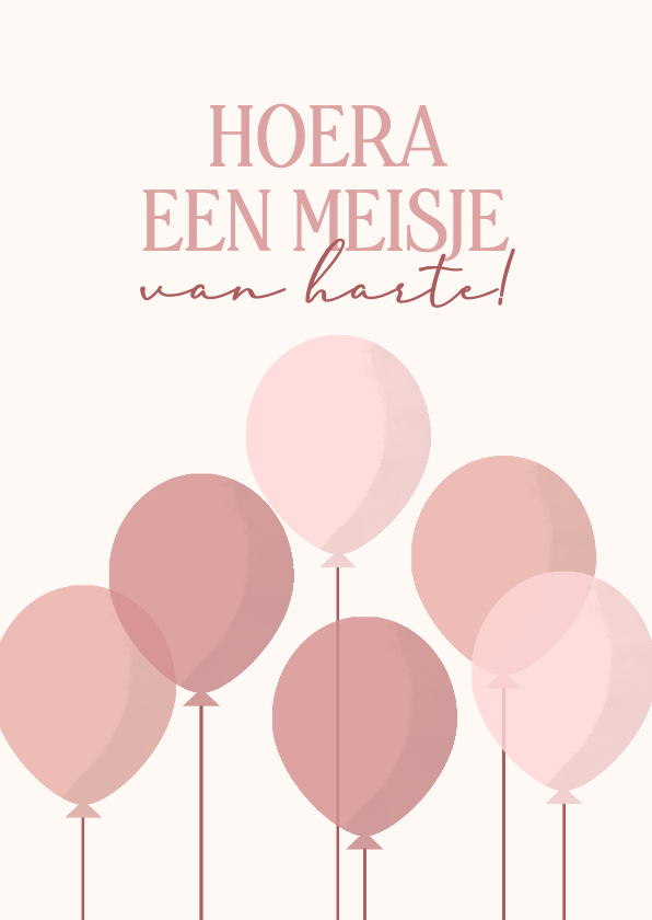 Felicitatiekaarten - Hoera een meisje felicitatiekaartje met roze ballonnen