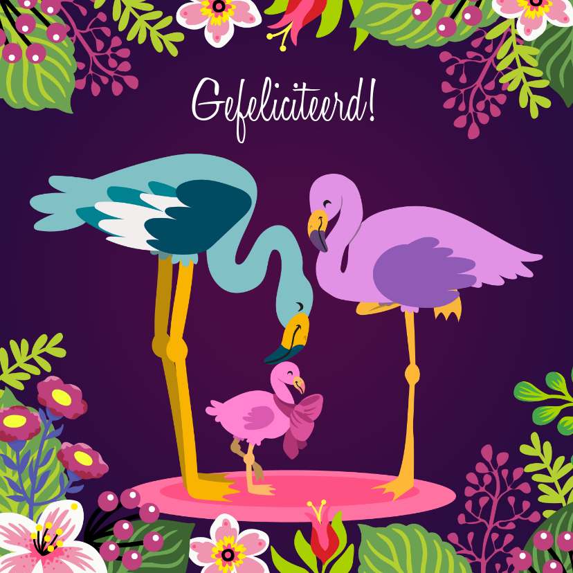 Felicitatiekaarten - Lief felicitatiekaartje met papa, mama en baby flamingo