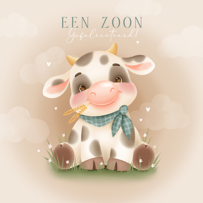Felicitatiekaarten - Lieve felicitatiekaart geboorte jongetje met koe en wolkjes