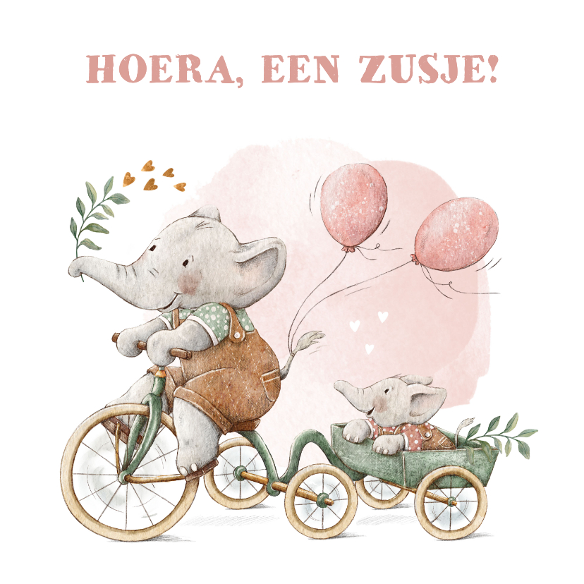 Felicitatiekaarten - Vrolijk felicitatie kaartje zusje met olifantjes op de fiets