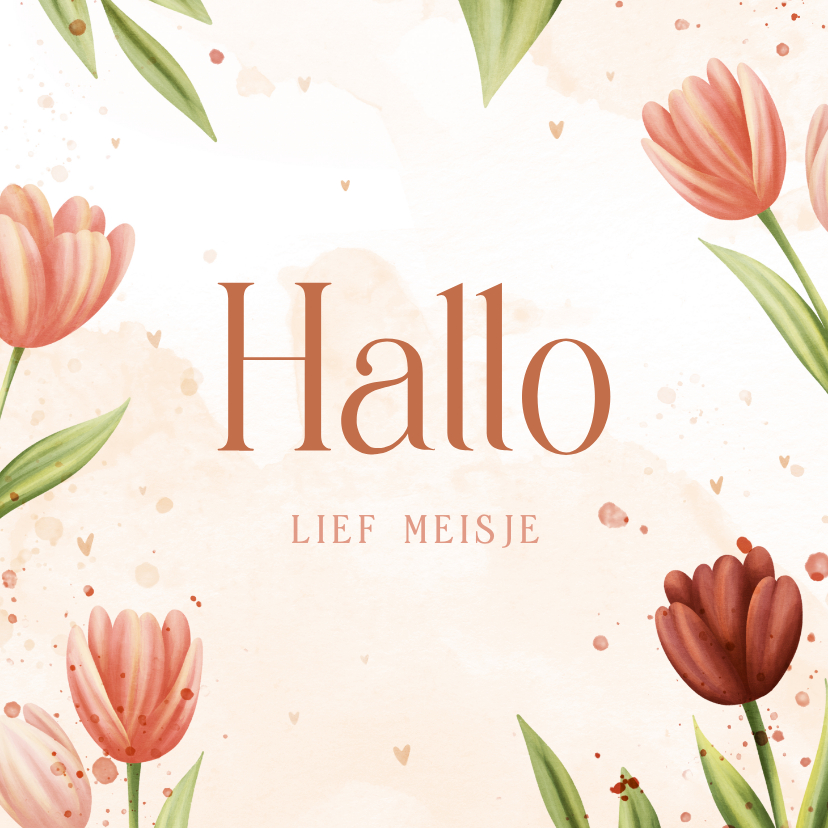 Felicitatiekaarten - Vrolijk felicitatiekaartje met tulpen hartjes en waterverf