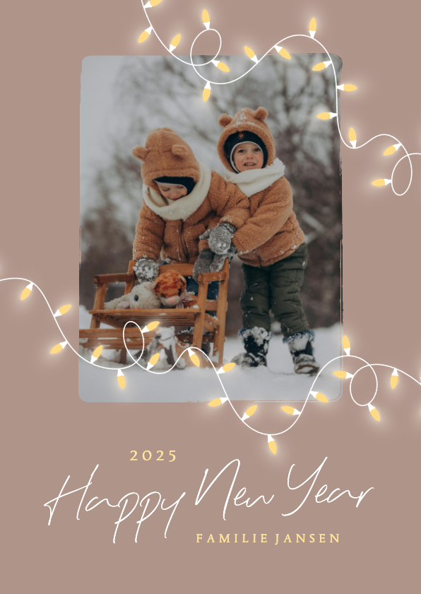 Fotokaarten - Beige fotokaartje happy new year met kerstlampjes