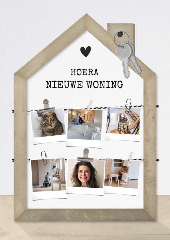 Fotokaarten - Collagekaart nieuw huis met houten huisje en fotocollage