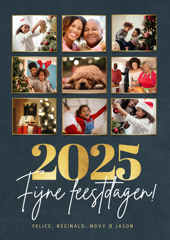 Fotokaarten - Fotocollage kerstkaart met 9 foto en gouden jaartal 2025