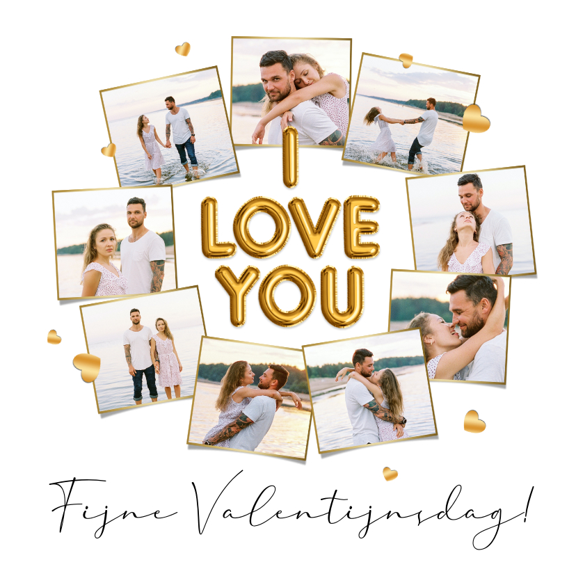 Fotokaarten - Fotokaart i love you met negen foto's gouden hartjes