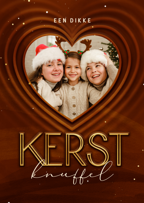 Fotokaarten - Fotokaart kerstknuffel met foto in hart op achtergrond