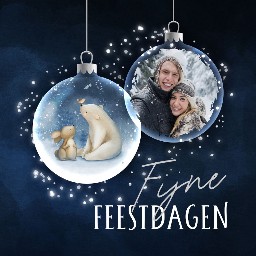 Fotokaarten - Fotokaart konijntje en ijsbeer in kerstbal met foto