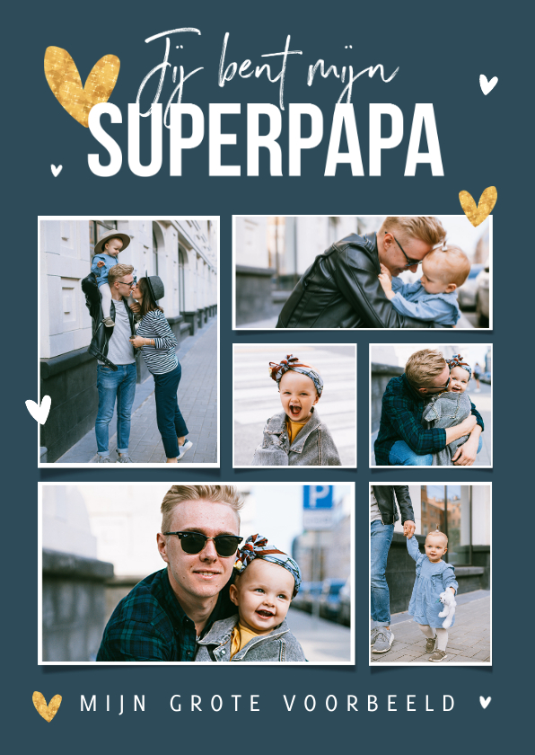 Fotokaarten - Fotokaart superpapa fotocollage hartjes goud