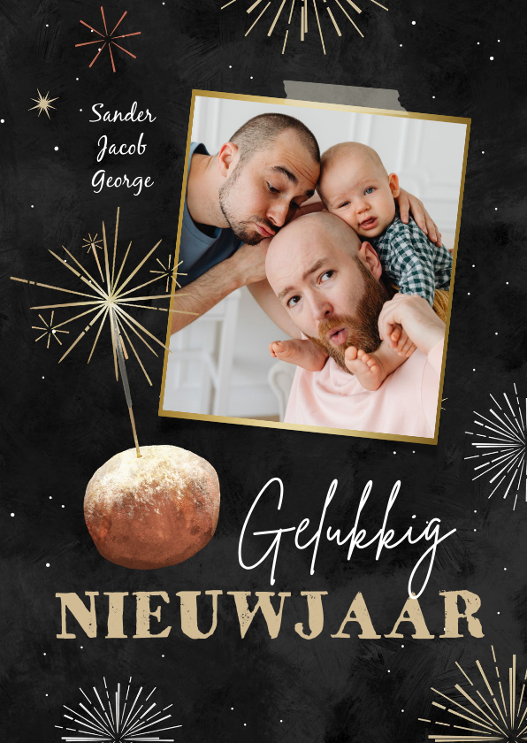 Fotokaarten - Nieuwjaarskaart oliebol vuurwerk sterretje fotokaart