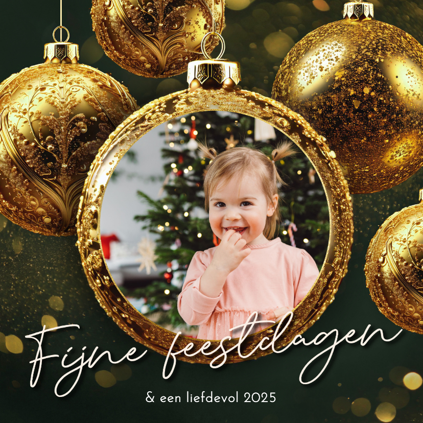 Fotokaarten - Sprankelend fotokaartje gouden kerstballen foto kerst