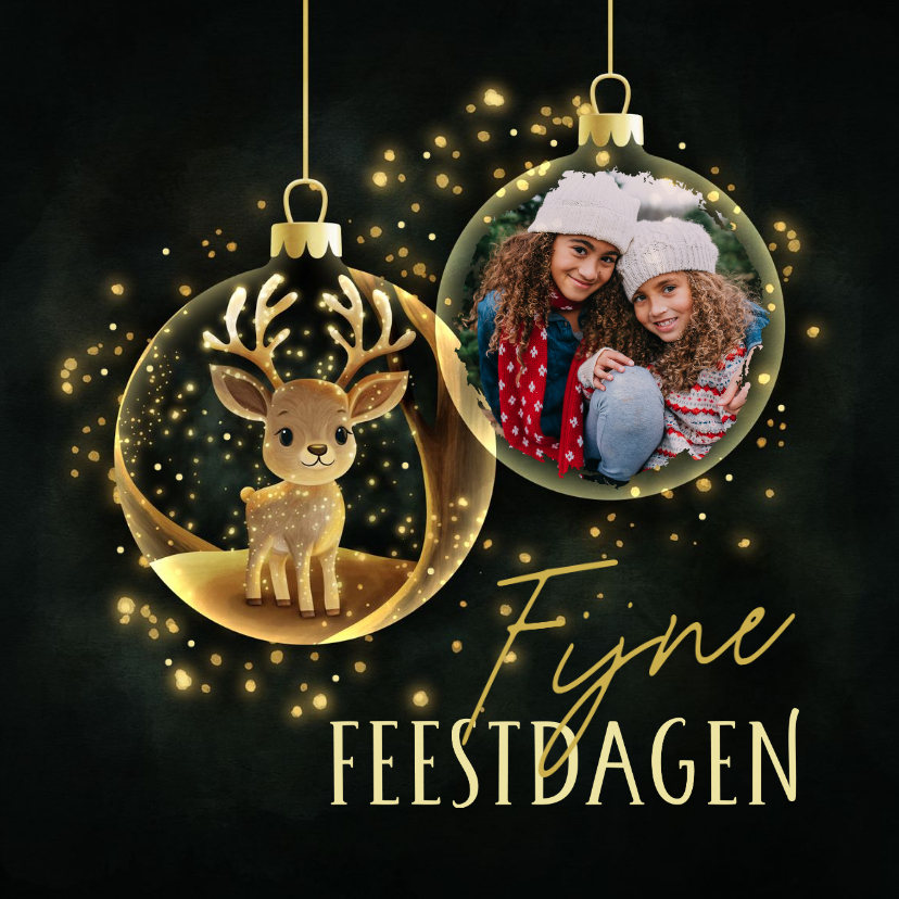 Fotokaarten - Sprankelende fotokaart hertje in kerstbal fijne feestdagen