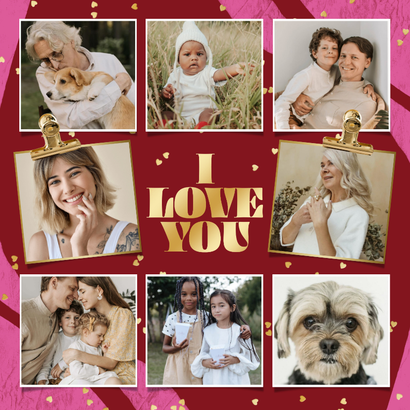 Fotokaarten - Stijlvolle fotokaart I love you fotocollage hartjes goud