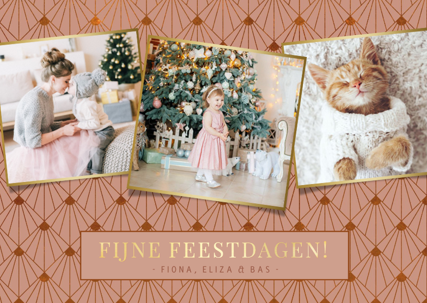 Fotokaarten - Stijlvolle oudroze art-deco kerstkaart met 3 eigen foto's