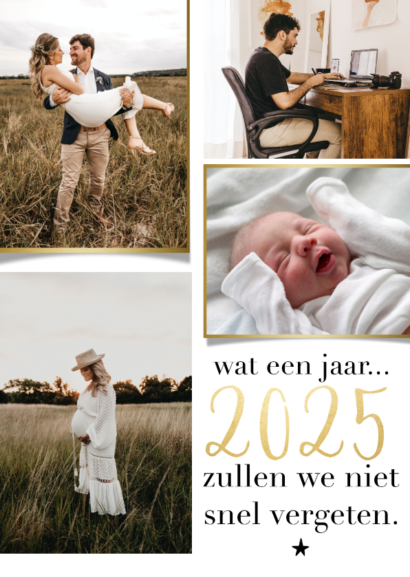 Fotokaarten - Trendy fotokaart wat een jaar fotocollage goudlook en ster