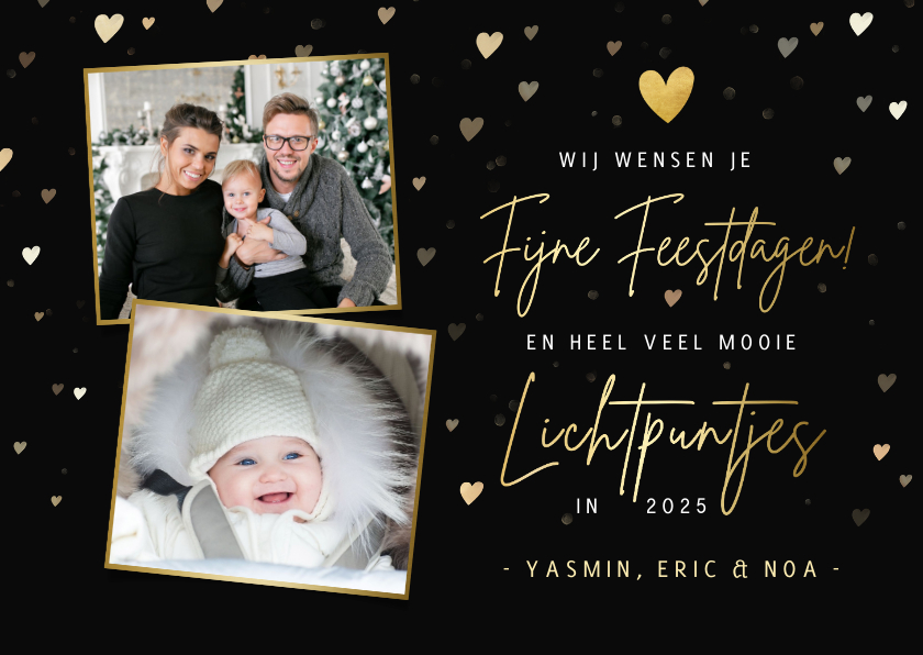 Fotokaarten - Zwarte fotokaart kerst - met gouden hartjes en 2 foto's