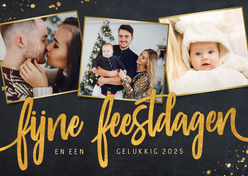 Fotokaarten - Zwarte fotokaart voor kerst met 3 eigen foto's en goud