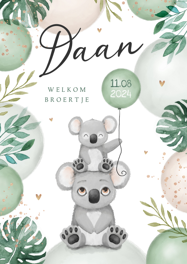 Geboortekaartjes - Geboortekaartje broertje zusje koala dieren ballonnen jungle