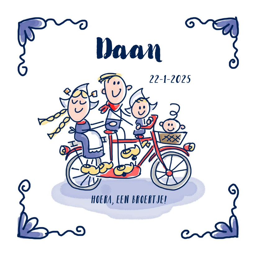 Geboortekaartjes - Geboortekaartje delfts blauw met grote zus gezin op fiets