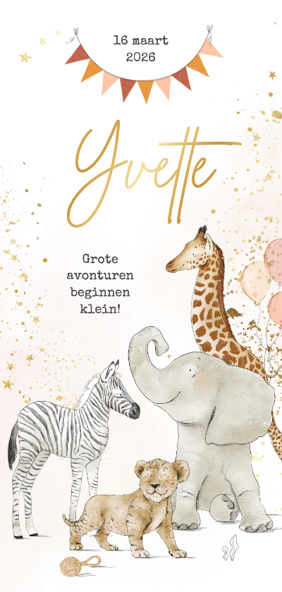 Geboortekaartjes - Geboortekaartje jungledieren watercolour goudlook vlaggen