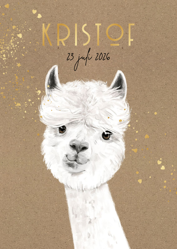 Geboortekaartjes - Geboortekaartje kraft alpaca illustratie goudfolie