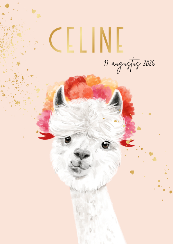 Geboortekaartjes - Geboortekaartje lief illustratie alpaca goudfolie hartjes