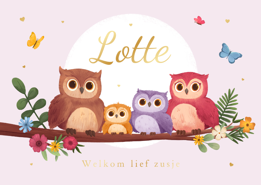 Geboortekaartjes - Geboortekaartje lief uiltjes zusje familie boom vlinders