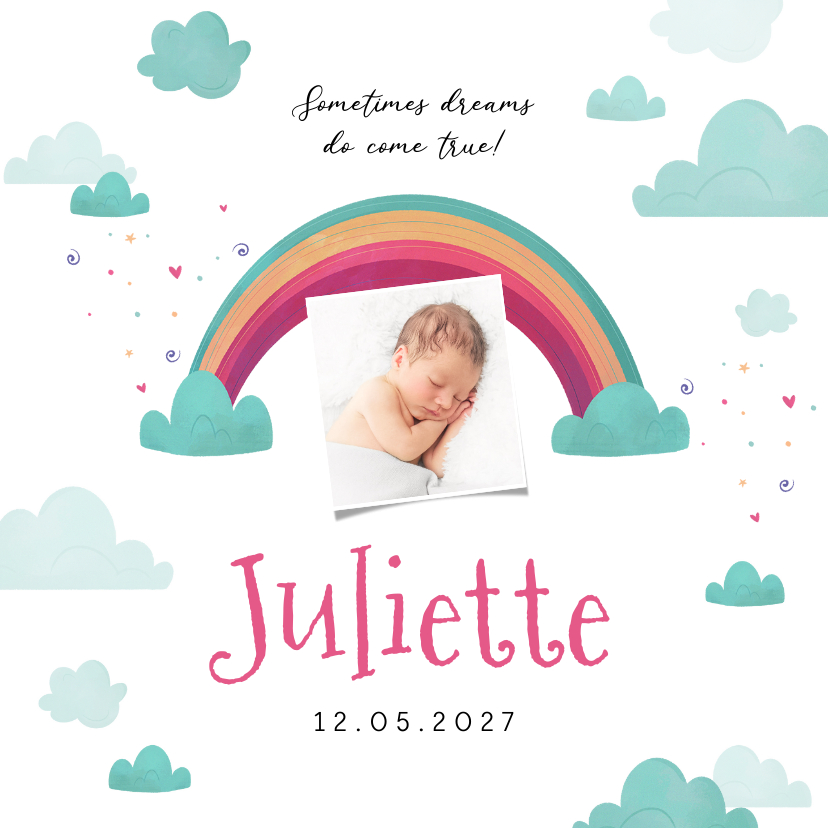 Geboortekaartjes - Geboortekaartje regenboog kleurrijk wolkjes dreams