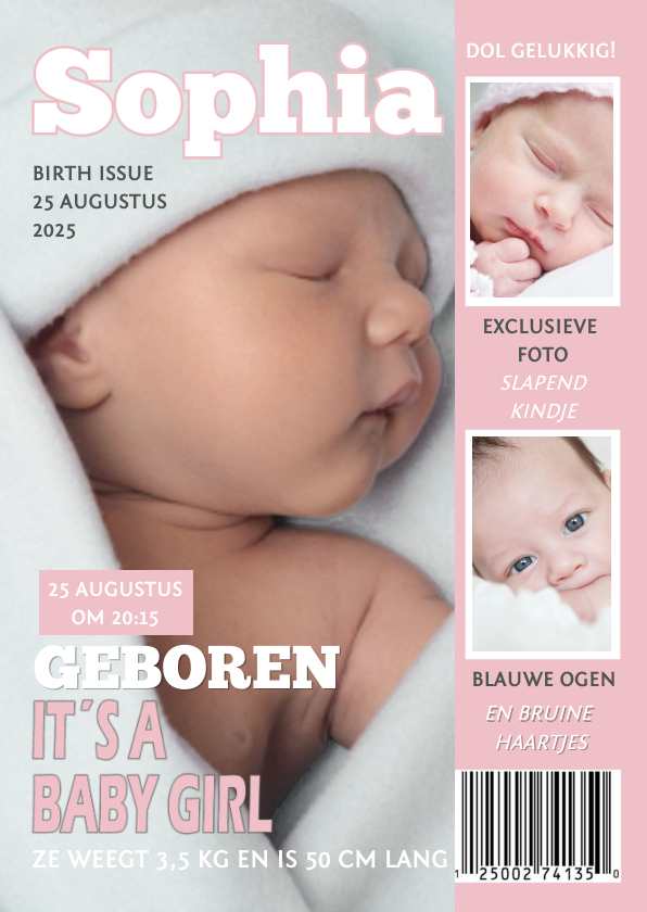 Geboortekaartjes - Geboortekaartje Tijdschrift Roze