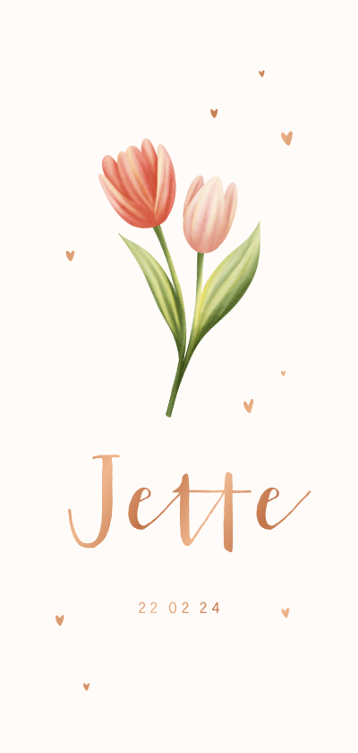 Geboortekaartjes - Geboortekaartje tulpen met hartjes koper