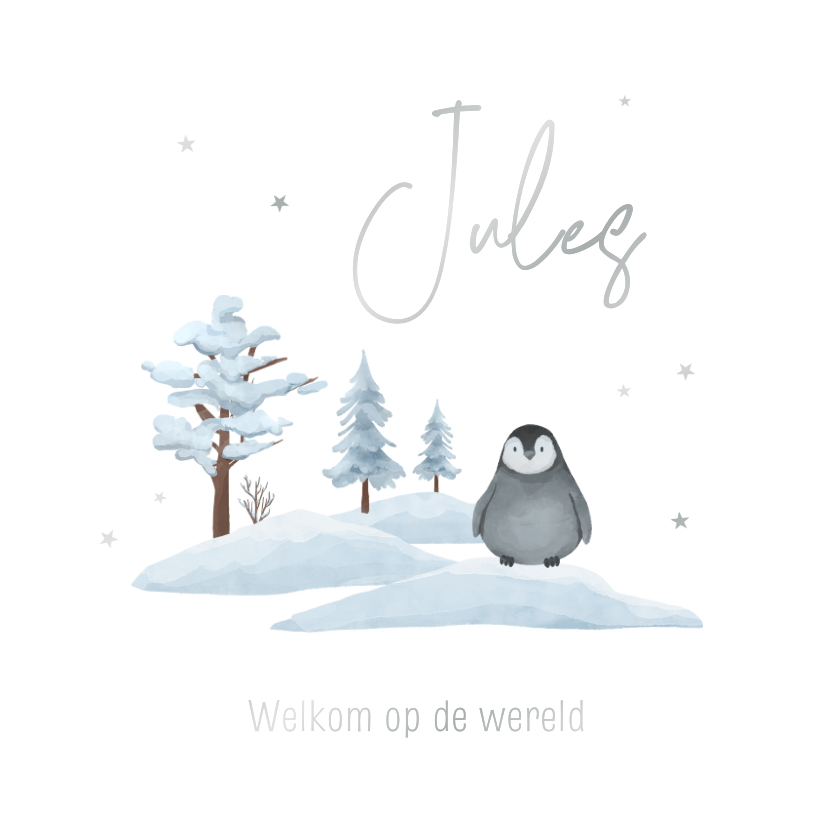 Geboortekaartjes - Geboortekaartje winter illustratie pinguïn sneeuw zilver