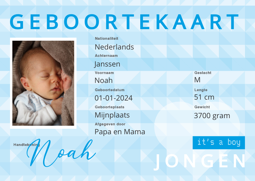 Geboortekaartjes - identiteitskaart geboorte jongen