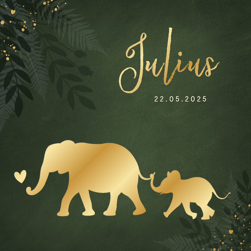 Geboortekaartjes - Jungle geboortekaartje jongen met gouden silhouet olifant