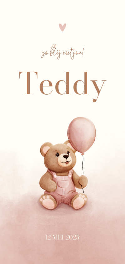 Geboortekaartjes - Lief geboortekaartje teddybeer met ballon roze waterverf