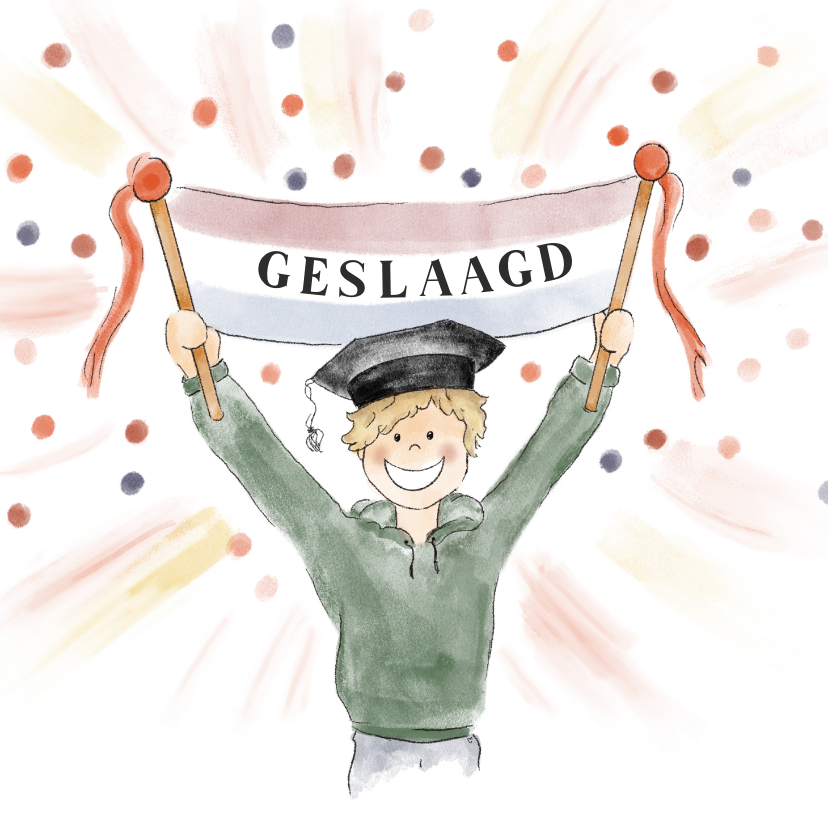 Geslaagd kaarten - Geslaagd kaart jongen met afstudeerhoed en confetti