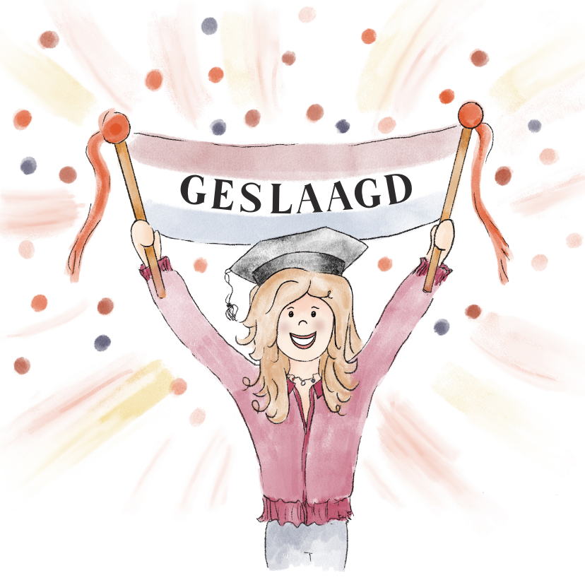 Geslaagd kaarten - Geslaagd kaart meisje met spandoek en afstudeer hoed