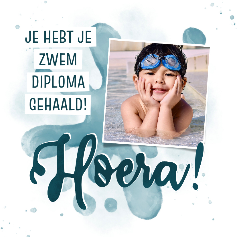 Geslaagd kaarten - Geslaagdkaart hoera zwemdiploma met foto en water