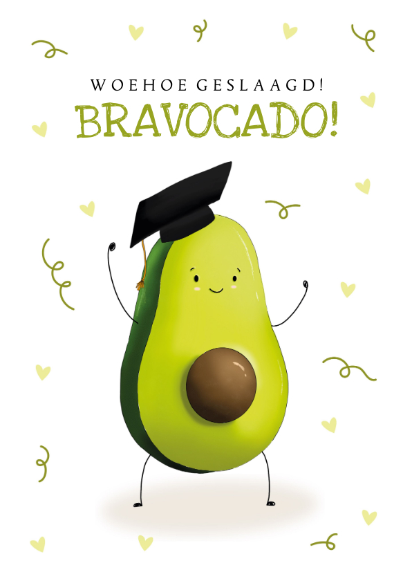 Geslaagd kaarten - Geslaagdkaart met illustratie van een blije avocado