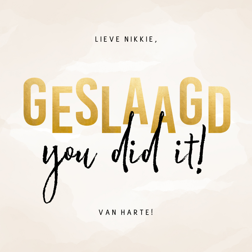 Geslaagd kaarten - Geslaagdkaart met naam waterverf en goud you did it