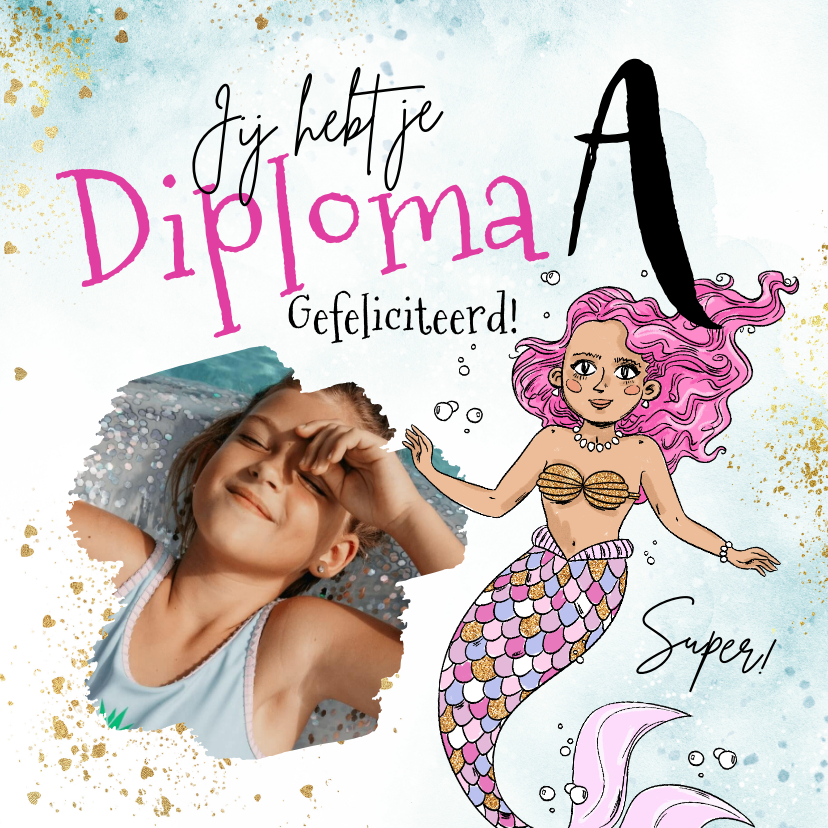 Geslaagd kaarten - Trendy geslaagdkaart diploma zeemeermin watercolor goud