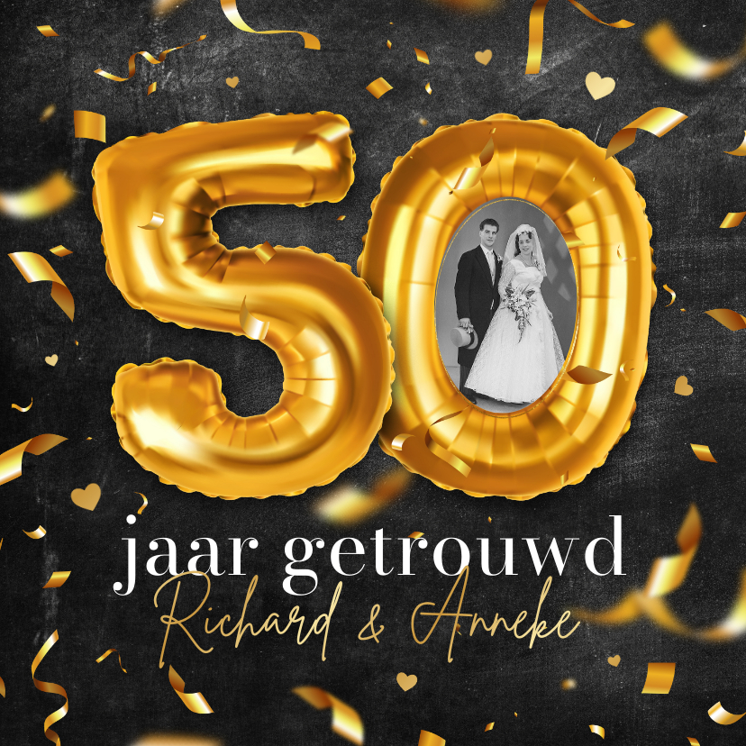 Jubileumkaarten - 50 jaar getrouwd uitnodiging jubileum krijtbord goud