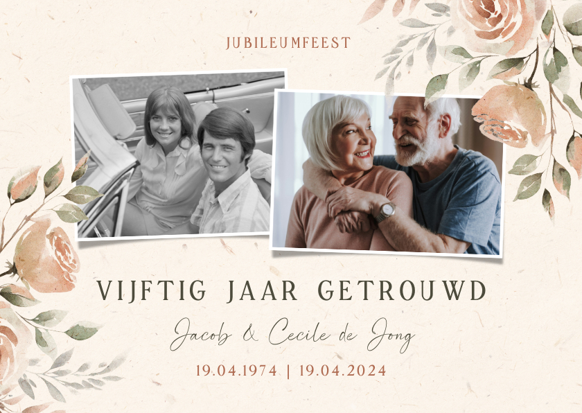 Jubileumkaarten - Jubileum uitnodiging 50 jaar fotocollage met bloemen 