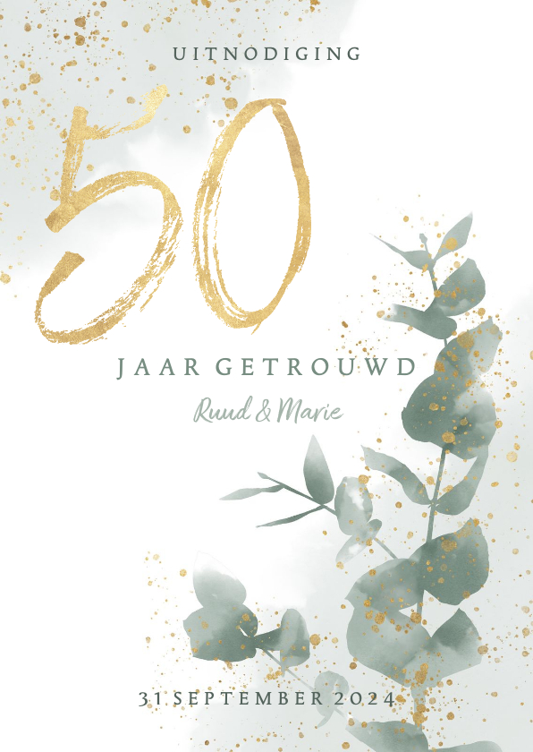 Jubileumkaarten - Jubileumkaart 50 jaar met waterverf takje en gouden spetters