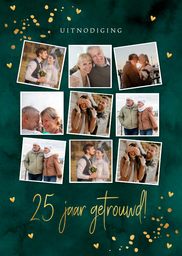 Jubileumkaarten - Jubileumkaart fotocollage donkergroen goudlook 25 jaar