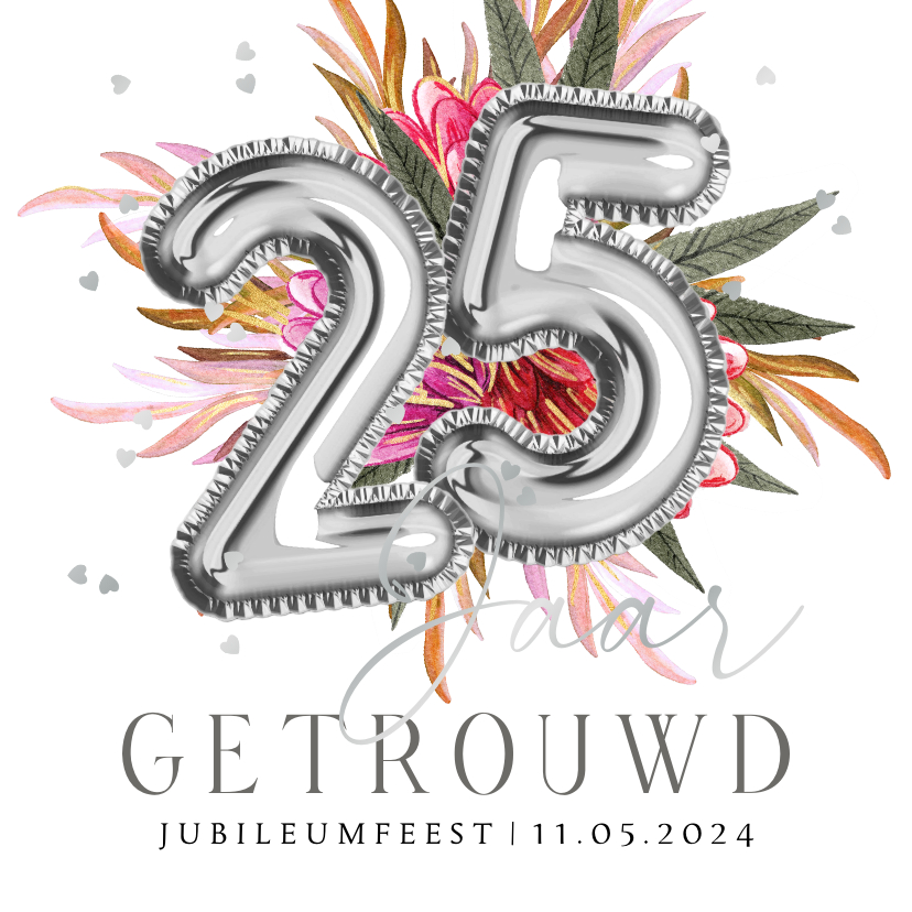 Jubileumkaarten - Stijlvolle uitnodigingskaart jubileum 25 jaar zilver bloemen