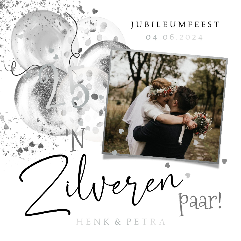 Jubileumkaarten - Trendy jubileum 25 jaar zilveren paar ballonnen foto hartjes