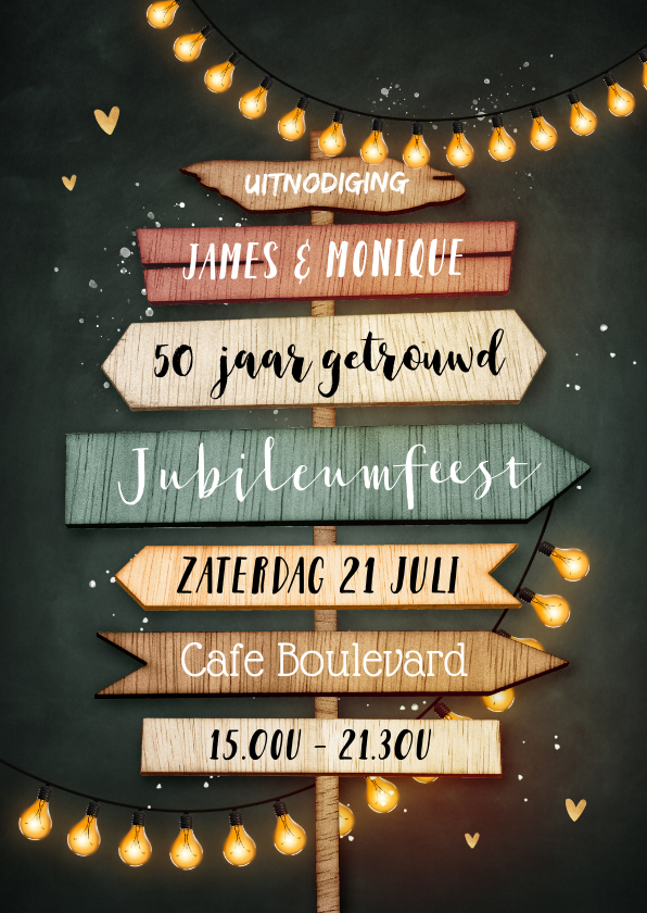 Jubileumkaarten - Uitnodiging 50 jarig jubileum wegwijzers krijtbord lampjes