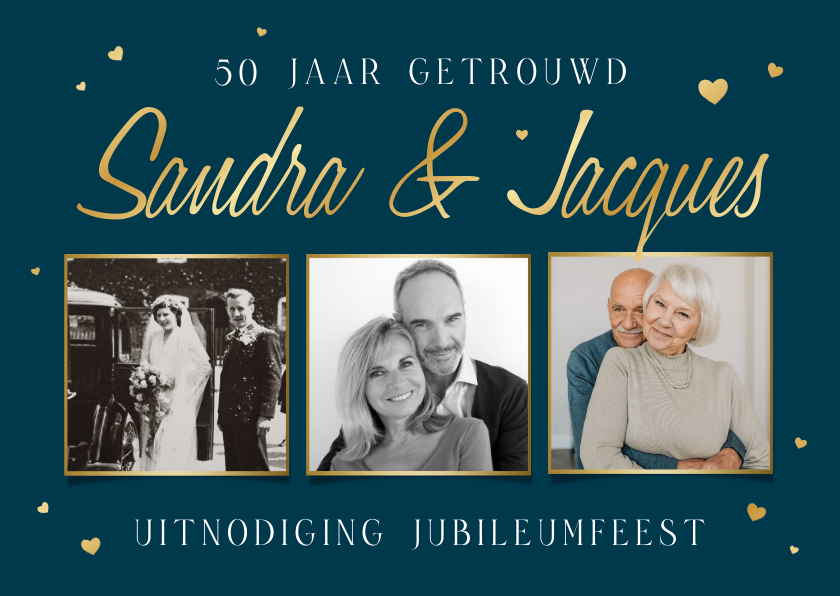 Jubileumkaarten - Uitnodiging fotokaart jubileumfeest 50 jaar getrouwd hartjes